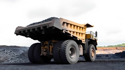 Obraz premium Heavy big trucks transporting coal in an open-pit mine industrial equipment outdoor wide-angle view heavy machinery concept