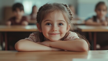 Happy Cute Child Sitting At Desk Indoors: Back To School And Learning In Class With Enthusiasm And Focus.