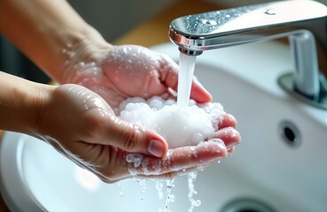 Person washing hands with soap, water. Hands getting rinsed under running tap water. Cleanliness, hygiene key concepts shown in photo. Action takes place in bathroom sink. Scene evokes feeling of