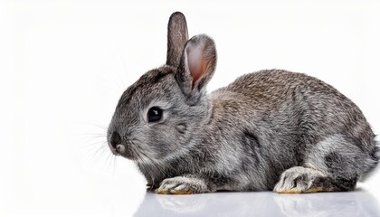 Obraz premium Gray rabbit is laying on a white background