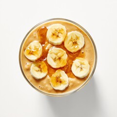 Creamy peanut butter smoothie in a glass. Featuring banana slices and nuts