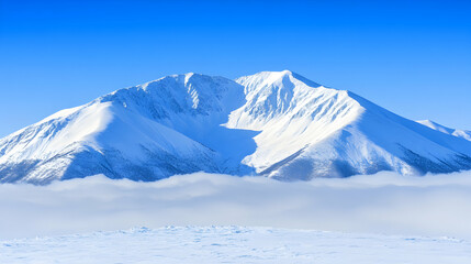 Majestic snow-capped mountains rise above a sea of clouds under a vibrant blue sky, creating a breathtaking winter landscape.