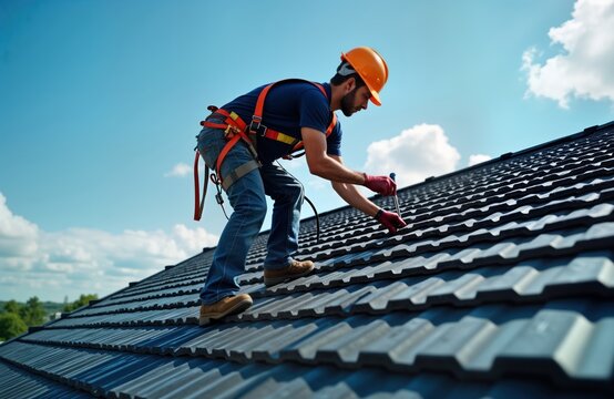 Roofing worker installs new roof tiles. Construction worker wearing safety equipment. Worker on roof using tools. High-altitude work. House under construction. Outdoor work. Sunny day. Blue sky. Pro