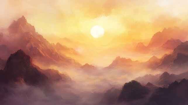Warm Sunrise Over Misty Mountain Ranges