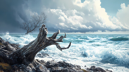 Fototapeta premium Weathered driftwood on rocky shoreline with stormy sea in background. Seafoam. Illustration