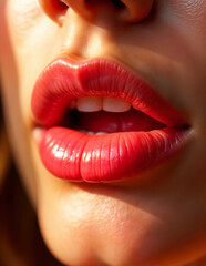 Fototapeta premium close up lips of woman. beautiful lips with pink lipstick. Macro shot. Fashion sensual lips with make up. AI Generated