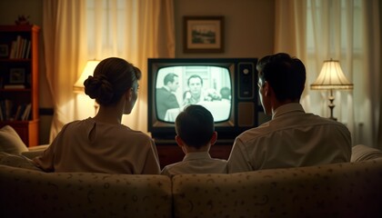 Family sits together on couch watching tv in living room. Vintage style photo from 1950s 1960s. Warm, cozy atmosphere. Engaged in shared activity. Nostalgic scene of family bonding. Scene captures