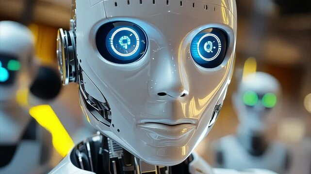 Humanoid artificial intelligence robot with white face turning towards viewer with soulless glowing blue eyes.