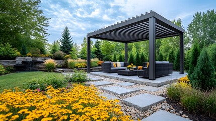 Obraz premium Contemporary outdoor space featuring aluminum gray pergola, styled with modern patio furniture and landscaped garden including yellow flowers, evergreens, and stepping stone pathway.