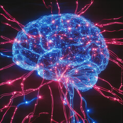 A glowing blue human brain is encapsulated in a network of red and blue lines with bright lights. 