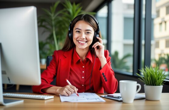 Young woman in red blazer, shirt wearing headphones with microphone sits at desk in modern office. Happily looks at camera, takes notes on documents in front of. Bright, light office space with