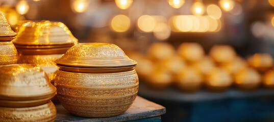 Obraz premium Golden bowls with intricate designs under warm lighting