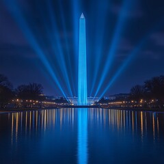 The Washiongton Monument with Reflecting Pool, Blue Lights Shiing into the Evening Sky