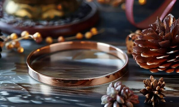 A close-up of a copper ring surrounded by natural elements like pine cones and dried flowers.