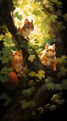 squirrels, family, playful, climbing, tree, branches, sunlight, canopy, forest, nature, wildlife, playful-animals, adventure, outdoor, trees, frolicking, woodland, vibrant, cute, mammals, ecology, hab