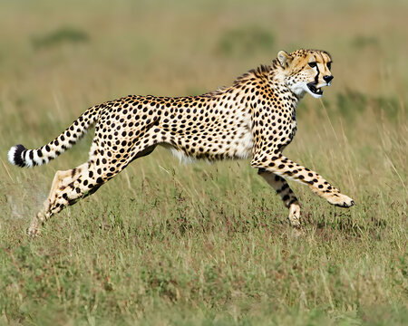 A cheetah in full stride across the African savanna, showcasing its speed and grace.  Its spotted coat blends with the tall grass.