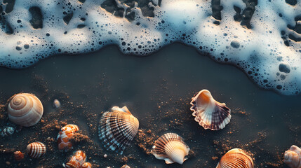 Seashells and seafoam on a dark sandy beach. Seafoam. Illustration