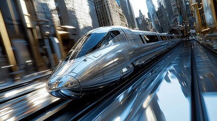 Futuristic silver high-speed train speeding through a city.