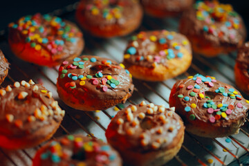 Homemade Glazed Chocolate Donuts with Candy Colorful Sprinkles. Delicious looking appetizing desserts made with skill and talent 
