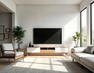 Minimalist living room features neutral white walls and a sleek wooden TV console. Stylish armchair and sofa sit on a light gray rug. Large windows offer natural light. Empty room evokes modern style.