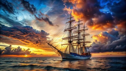 Obraz premium Majestic Sailing Ship at Dusk, Low Light Seascape, Large Vessel