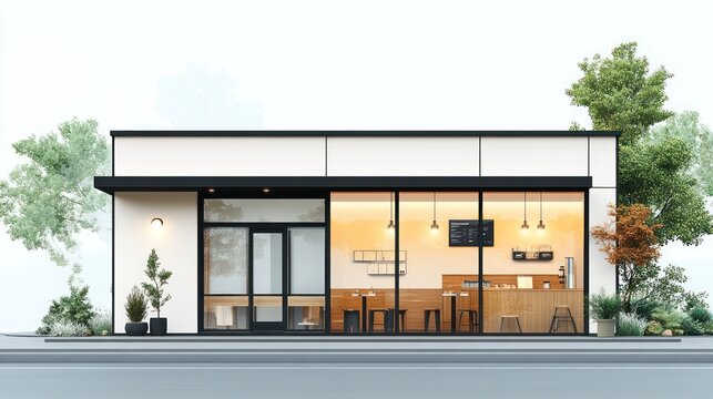 Modern cafe exterior design with large windows, wooden interior, and outdoor seating.