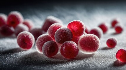 A close-up of frozen raspberries dusted with sugar, showcasing their vibrant color and texture.