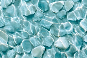 The image is of a body of water with blue rocks scattered throughout