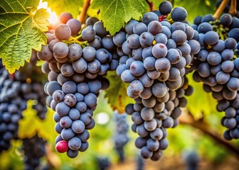 Mature Black Grapes Aerial Closeup, Muted Tones, Vine