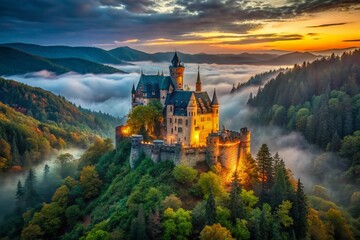 Fototapeta premium Medieval Castle in Enchanting Forest - Low Light Landscape