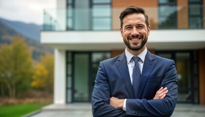 Fototapeta premium Confident male real estate agent stands outdoors in front of modern apartment building. Smiling, wearing suit. Looks pro, trustworthy. Background blurred landscape of trees, foliage. Ideal for real