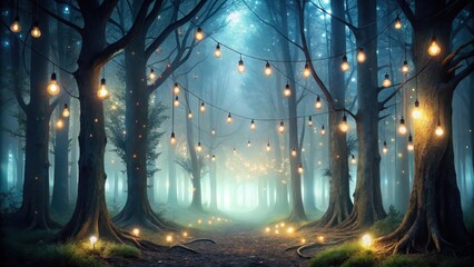 Obraz premium Dark forest with tall trees and twinkling fairy lights hanging from branches, whimsy, woods, whimsy, woods