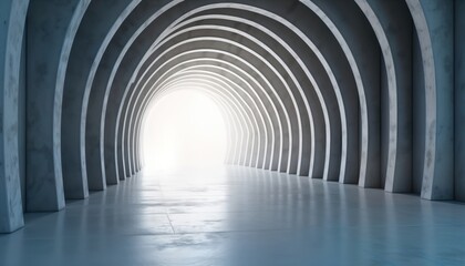 Abstract tunnel with bright light at end. Modern architecture concept. Empty space. Perspective. Suggests journey, success, hope, new beginning. Possible metaphorical representation of future