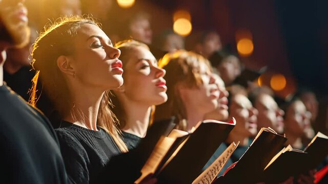 Captivating Choir Performance Under Warm Lights Conveying Emotion Through Harmony and Unity