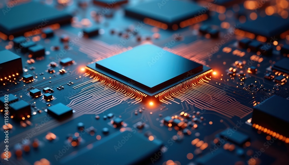 Poster advanced tech circuit board with glowing copper cpu. modern electronic board shows powerful computer