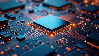 Advanced tech circuit board with glowing copper CPU. Modern electronic board shows powerful computer processor. Futuristic design highlights integrated circuits. Intricate network of lines advanced