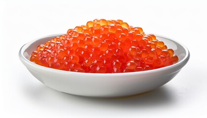 White bowl filled with salmon roe or red caviar