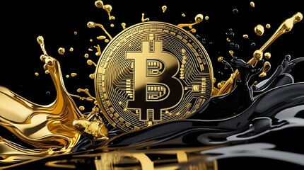 Golden Bitcoin Cryptocurrency Splashed with Liquid Gold and Black Oil Representing Wealth, Blockchain Innovation, Digital Currency Revolution, and the Future of Secure Financial Transactions Globally
