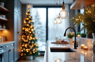 Upscale kitchen design decorated for holiday season. Beautiful Christmas tree with warm lights in...