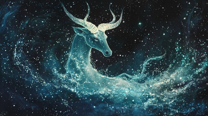 Capricorn constellation glowing like seafoam amidst a dark galaxy, capricorn constellation seafoam, cosmic fluidity. Seafoam. Illustration