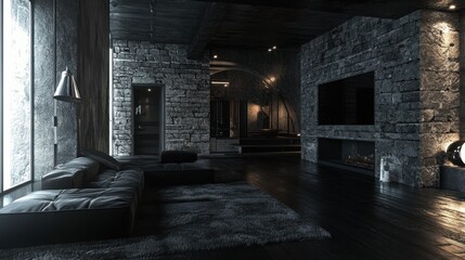 Dark and Moody Modern Stone Living Room Interior Design
