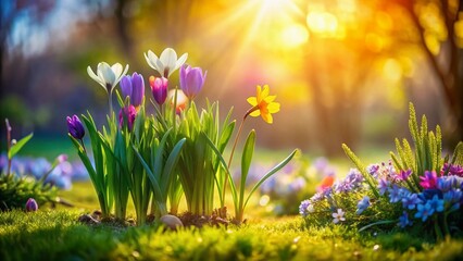 Obraz premium Minimalist Spring Garden Flowers Grass Plants Early Bloom