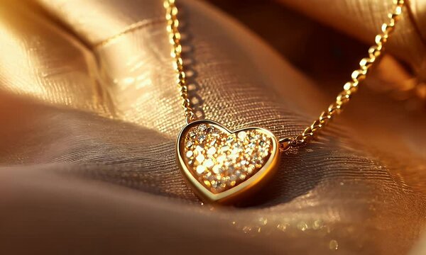 A close-up of a golden heart-shaped necklace adorned with sparkling gems, resting on a silky surface.
