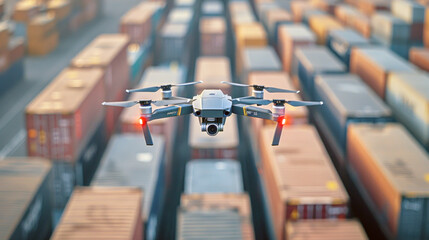 Obraz premium A drone transports small packages above a busy cargo port filled with shipping containers