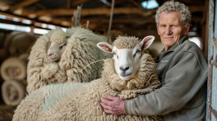 A farmer gently holds a sheep while preparing for shearing in a sunlit shed
