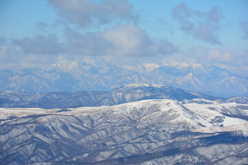 冬の八ヶ岳から見た霧ヶ峰と北アルプス