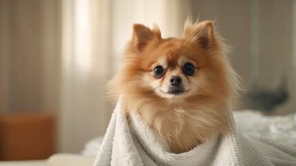 A fluffy Pomeranian is being dried gently with a towel in warm, inviting light at home