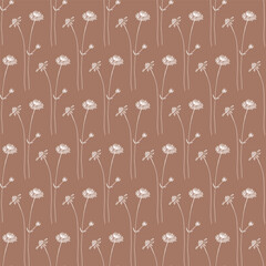 Seamless pattern with detailed realistic illustration of Field scabious (Knautia arvensis) plant on coffee-brown background. Ornament design with wild flower, stem and leaves in hand drawn style.