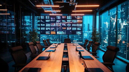 Night View Modern Office Conference Room with Cityscape