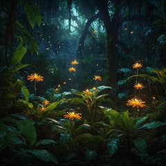 Obraz premium A magical jungle scene with glowing flowers and sparkling fireflies.